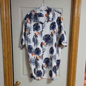 Men's Tropical Leaf Print Shirt - White and Blue
